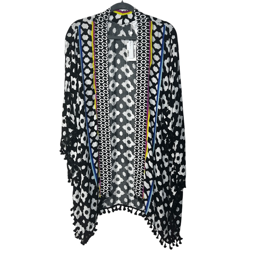 Trina Turk Swim & Spa Kimono Cover-Up Black White Geometric Pom Pom O/S NEW